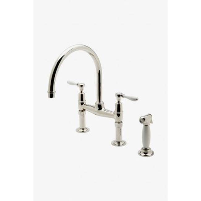 Waterworks Easton Classic Two Hole Bridge Gooseneck Kitchen Faucet, White Porcelain Lever Handles and Spray in Chrome, 2.2gpm