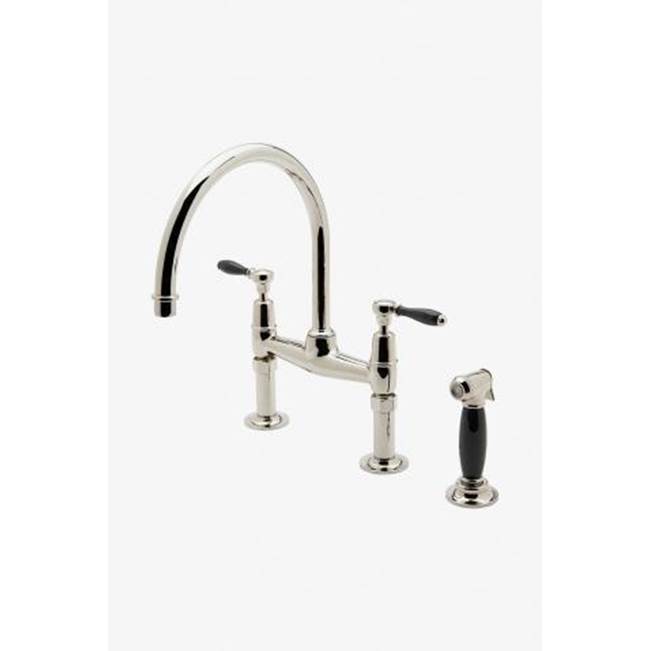 Waterworks Easton Classic Two Hole Bridge Gooseneck Kitchen Faucet, Black Porcelain Lever Handles and Spray in Burnished Nickel, 1.75gpm